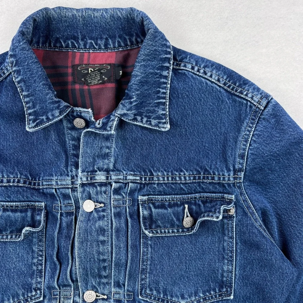 RRL Ralph Lauren Plaid Lined Denim Type 2 Trucker Jacket Mens M Blue Buckle Back